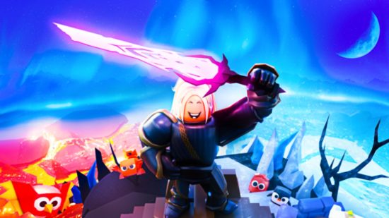 Realms Simulator codes - a characteer holding a glowing sword in the air