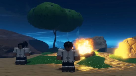 Rell Seas codes - an anime Roblox character standing by a fire