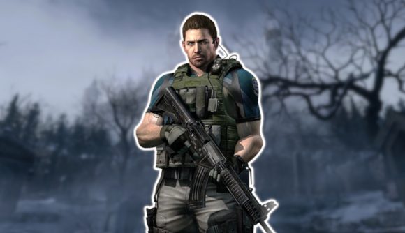 Resident Evil Chris: Chris Redfield in his tactical uniform holding a gun, outlined in white, and pasted on a blurred background of the forest surrounding Castle Dimitrescu in Resident Evil Village.
