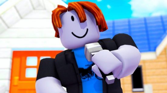 Roblox Bacon hair on an avatar holding a mic