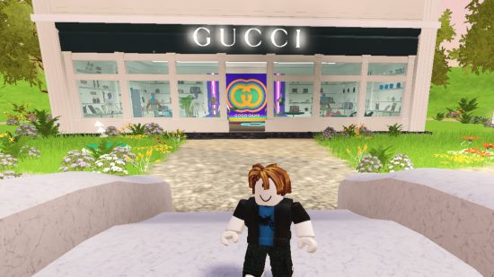 Screenshot of a Roblox character in Gucci Town for news article on Roblox games and brands