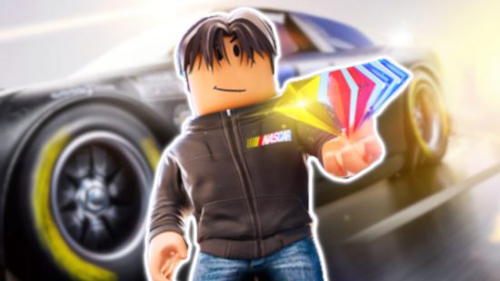 NASCAR Roblox game: The Roblox avatar mascot for the NASCAR roblox game holding a colourful diamond. He is outlined in white and pasted on a blurred background of the NASCAR 75th anniversary car.