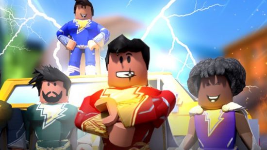 Shazam Roblox game tie-in: A close-up of the key art for the Shazam: Fury of the Gods Roblox crossover featuring four of the Shazam heroes as Roblox avatars.