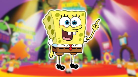 Nickelodeon Kids' Choice Awards in Roblox: Spongebob Squarepants holding one arm up with a pointed finger and smiling widely outlined in white and pasted on a blurred picture of the KCA Takeover - Nickverse game lobby.