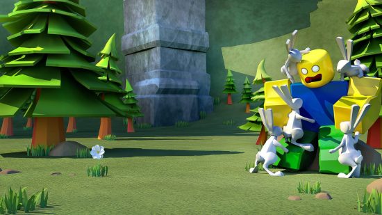 Roblox password reset: key art shows a ROblox avatar wrestling with several rabbits