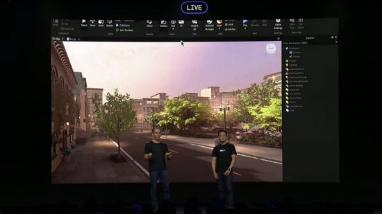 Roblox RDC 2023 - two people on stage with a virtual street behind them