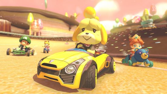 Scooter games -- a shot from MK8 showing a cartoon dog in a car driving along a sandy road with some other kart racers behind her.