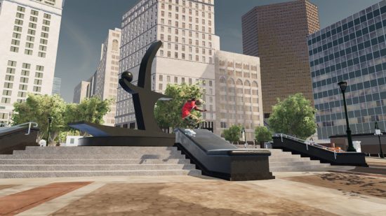 Session: Skate Sim review - someonee jumping down a staircase