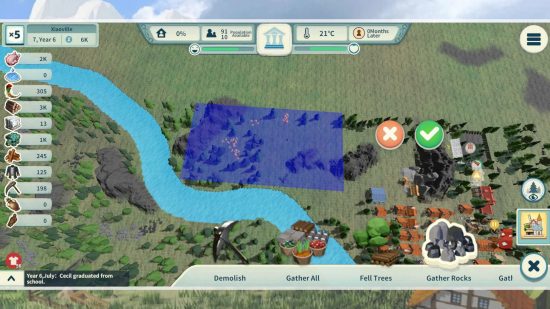 Revisión de Settlement Survival: una captura de pantalla del juego que muestra una parcela de tierra seleccionada por un cuadro azul
