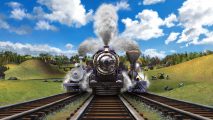 Sid Meier's Railroads mobile port art showing three trains with smoke coming out their spouts heading towards the camera along tracks, with rolling green hills behind and a big blue sky with some white clouds above.