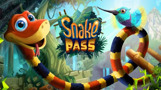 Snake games: Key art for Snake Pass featuring Noodle the snake who is red with yellow and black bands, and Doodle the hummingbird, who is blue.