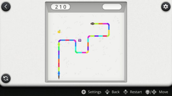 Snake games: A screenshot from Snake Game on Switch showing a rainbow snake travelling around a white square.