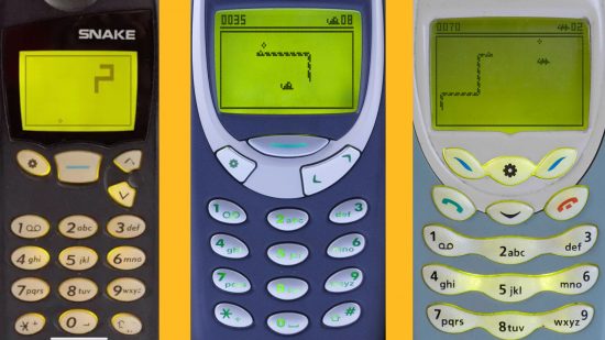 Snake games: Three screenshots from Snake 97 of snake being played on old mobile phones.