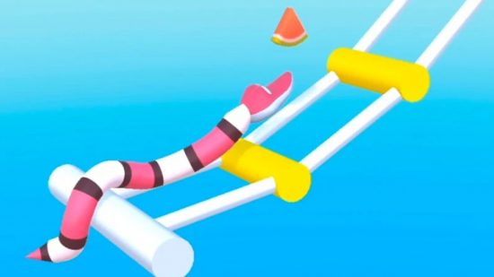 Snake games: A zoomed in screenshot from Gravity Noodle showing a pink snake with white and black bands trying to cross a rope bridge in the sky.