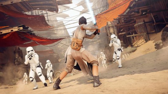 Screenshot of Rei leaning into an attack from Star Wars Battlefront 2 for best Star Wars games guide