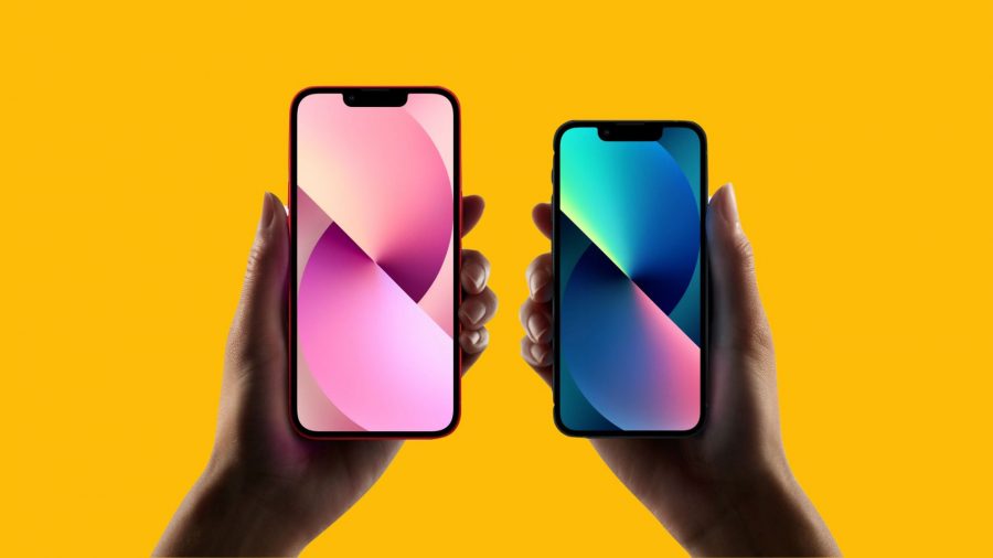 Tech header - two iPhones, the one on the right small and blue, the one on the left larger and red, both held in a hand with colourful backgrounds, overlayed onto a mango yellow background.