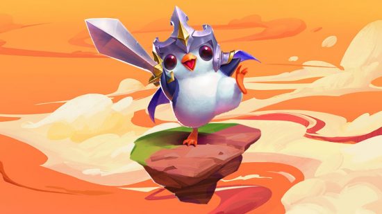 TFT items - a penguin with a sword and a helmet standing on a floating island in a cartoon scene of a red sky with creamy clouds.