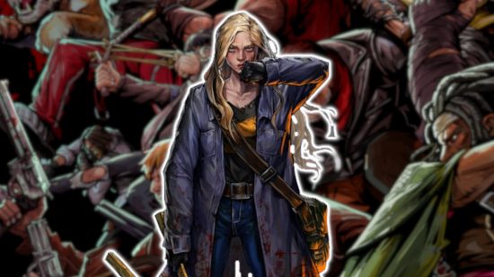 The Walking Dead: All-Stars challenge mode: Blaine from TWD: All-Stars wiping something off her face. She is holding large garden shears and hals long flowing blonde hair. She is outlined in white and pasted on a slightly blurred background of the TWD: A-S key art.
