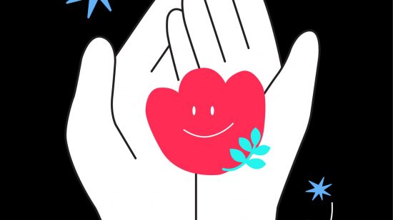 TikTok download art showing a cupped cartoon pair of hands holding a flower shape with a smile on it in red.