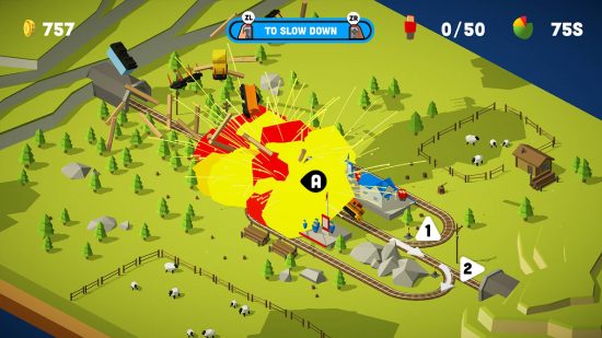 Train Games: a top down view shows a series of connected tracks, and a small train exploding