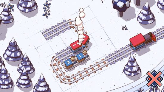 Train Games: a top down view shows two trains moving around on tracks