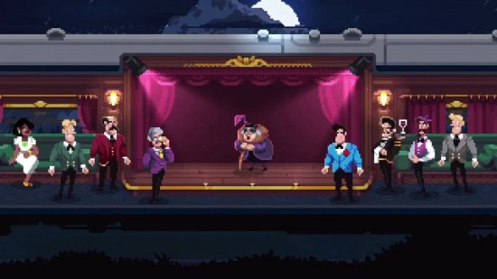 Train Games: a 2D pixelated scene shows a series of well dressed people on a train