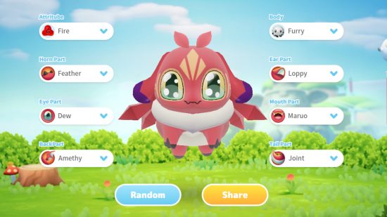 Utopia No.8 release date: A screenshot of the Utopia No.8 Piya creator featuring a unique red pet with bunny ears, a fluffy body, and crystal wings.