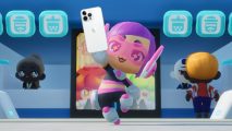 Utopia No.8 release date: Lubee, the game's pink-haired mascot, excitedly holding a white iPhone in the air.