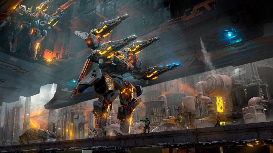 War Robots Extermination mode: a large robot appears in a warehouse, covered in weapons and guns