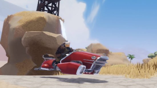 Wasteland Tycoon codes: a Roblox avatar rides on a hover bike across a barren desert