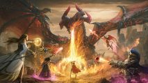 Watcher of Realms pre-registration: A key graphic from Watcher of Realms showing a group of heroes fighting a giant dragon who is breathing fire.