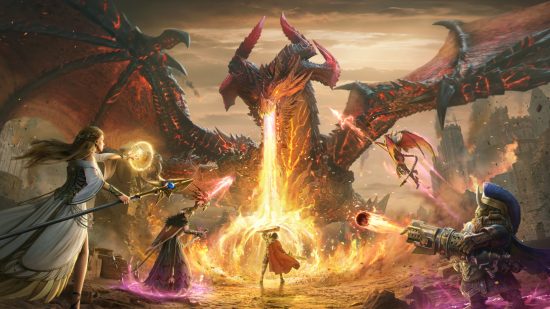 Wstępna rejestracja w Watcher of Realms: Kluczowa grafika z Watcher of Realms przedstawiająca grupę bohaterów walczących z gigantycznym smokiem, który zieje ogniem.