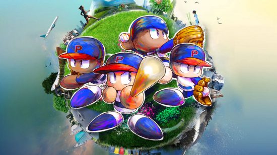 WBSC eBaseball: Power Pros Olympic eSports - the Power Pros characters posing over the Olymic art of the world