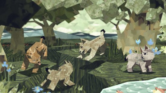 pokolenia schronisk dla dzikich zwierząt: rodzina rysiów w stylu przypominającym papierową kreskówkę