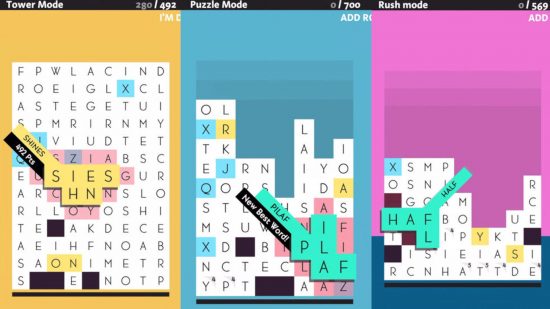 Screenshots from the word game Spelltower