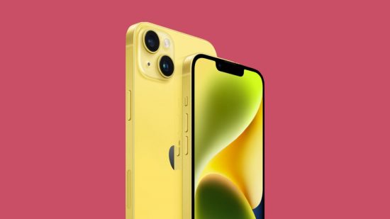 Two yellow iPhones on a red background, on front facing and smaller, one back facing.