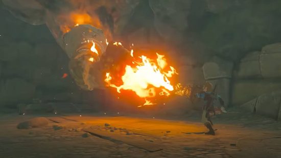Zelda Tears of the Kingdom Zonai explained: Link attacks an enemy with a shield that has a dragon head attached to it