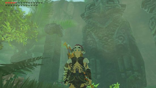 Zelda Tears of the Kingdom Zonai explained: Link stands in front of a Zonai structure wearing the barbarian armour