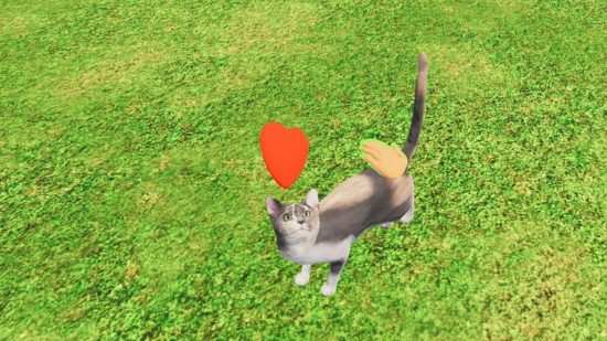 Animal Shelter Simulator review: A grey cat getting petted in a grass field