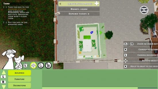 the Animal Shelter Simulator building screen with menus and a blueprint of a building