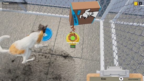 Animal Shelter Simulator review: refilling and feeding a hungry dog in a cage