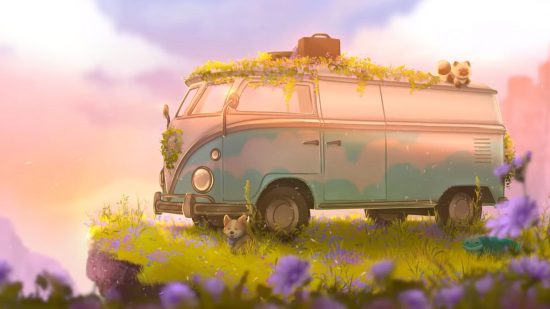 Camper Van Make it Home switch release: a camper van against a sun set with pets in the grass