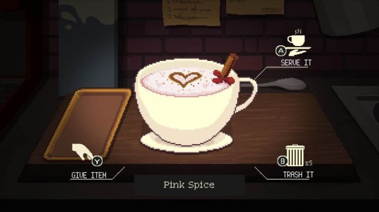 Coffee Talk episode 2 review: a delightful pink drink in a white mug with a stick of cinnamon