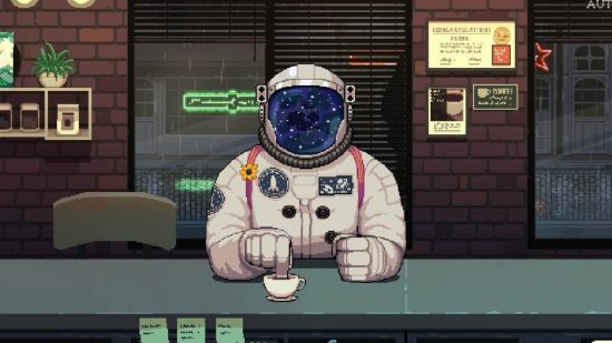Coffee Talk episode 2 review header: an astronaut with their finger in a drink