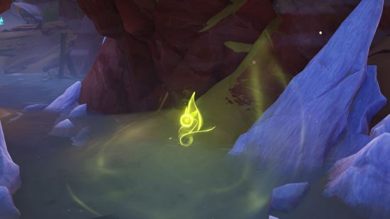 a glowing green orb of Genshin Impact Khvarena found in a cave