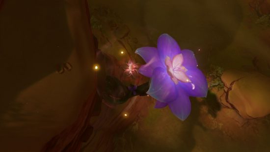 Genshin Impact Udumbara: a big purple flower growing from a cliffside