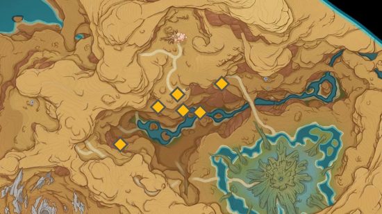 Genshin Impact Udumbara: a map highlighting six locations across a desert area