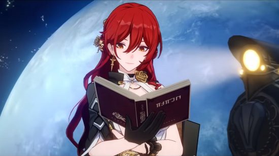 Honkai Star Rail's Himeko reading a book in front of a planet