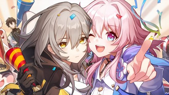 Honkai Star Rail add friends: March 7th and the Trailblazer celebrating and smiling