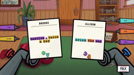 A screenshot of a Jackbox game in action with two cards offering funny decisions